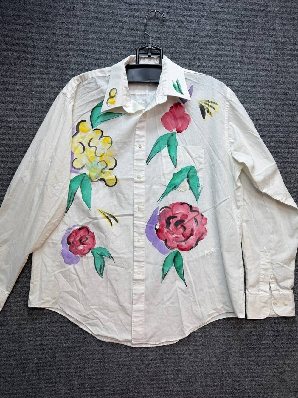 Vintage Brut Women's Hand Painted Floral Button Up Shirt White Art Top